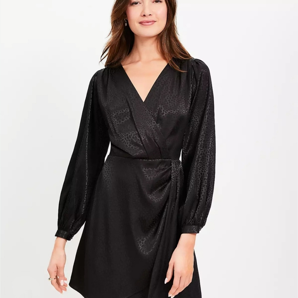 LOFT Black Long Sleeve Jacquard Wrap Dress